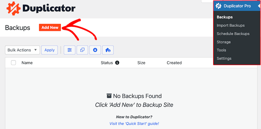 Create a new backup with Duplicator