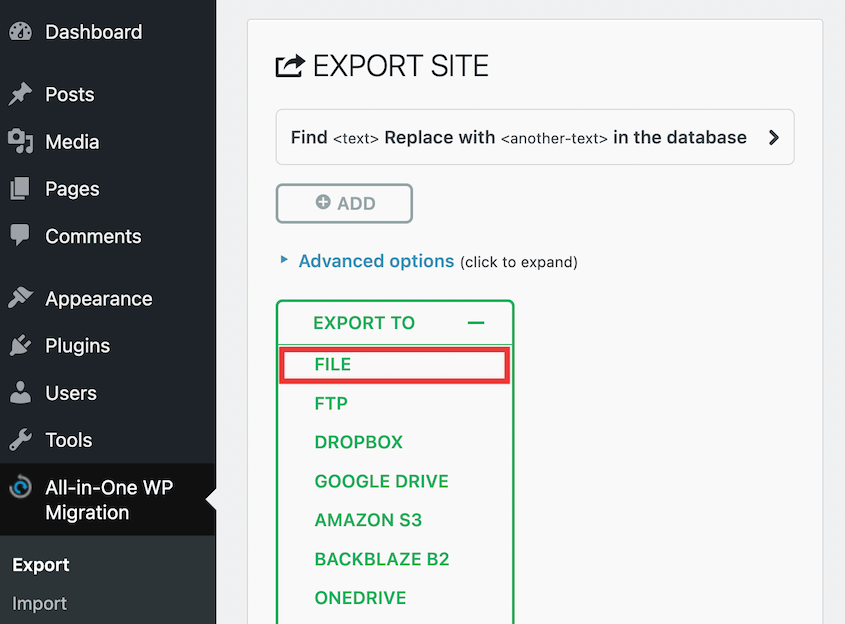 All-in-One WP Migration export