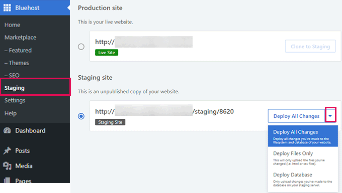 Bluehost deploy staging changes