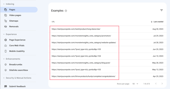Google Search Console broken links report