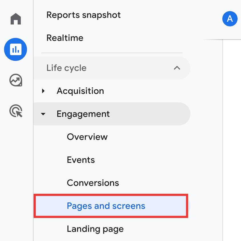 Google Analytics pages and screens