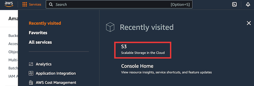Open Amazon S3 dashboard