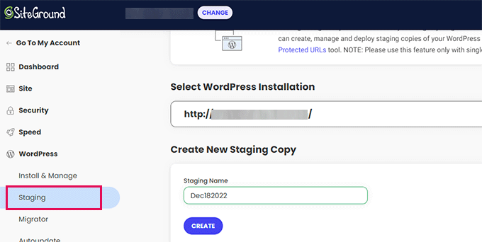 SiteGround create staging site
