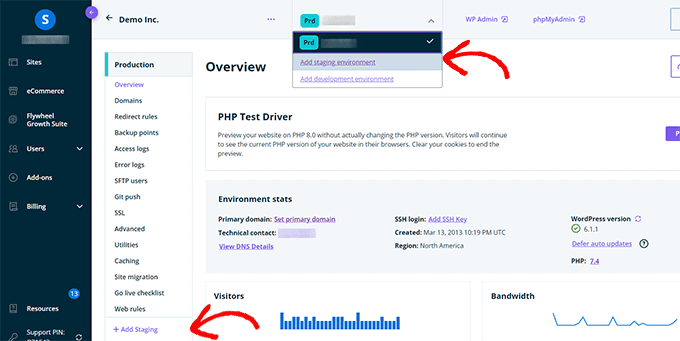 WP Engine create staging site