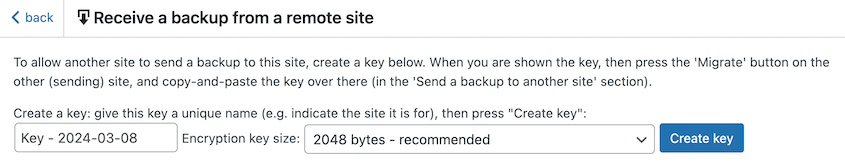 UpdraftPlus create migration key