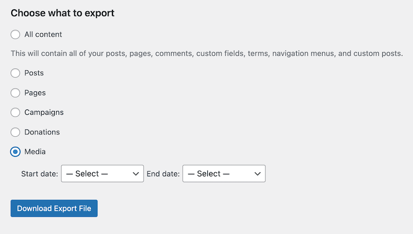 WordPress media export