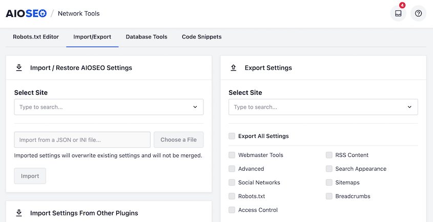 AIOSEO import and export tools