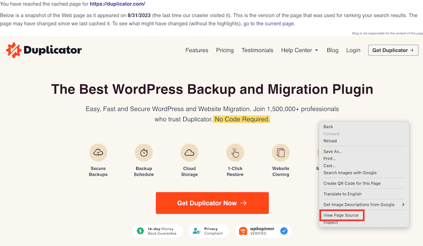 Bing cache view page source