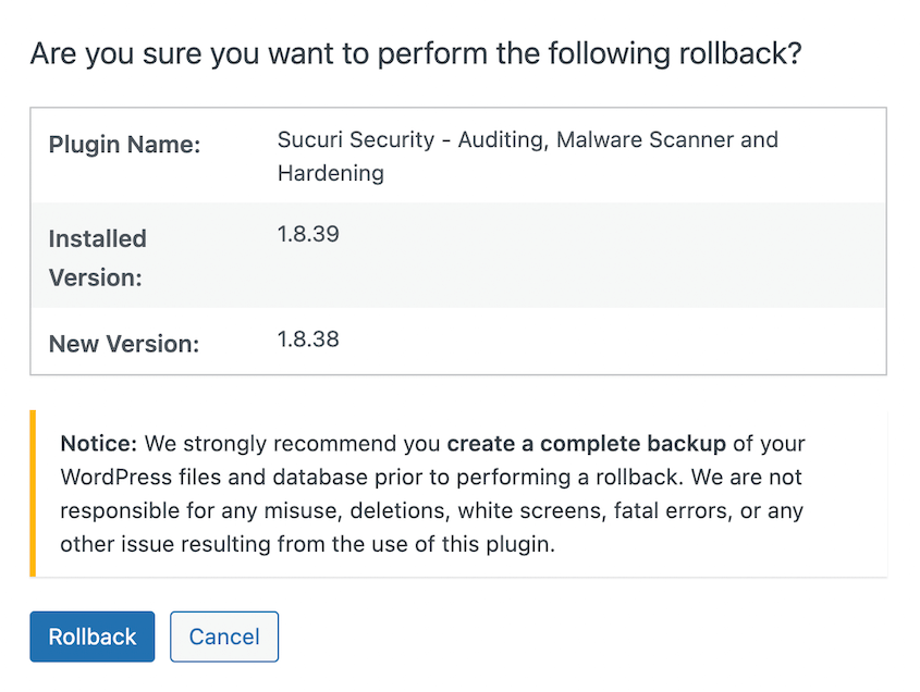 Confirm plugin rollback
