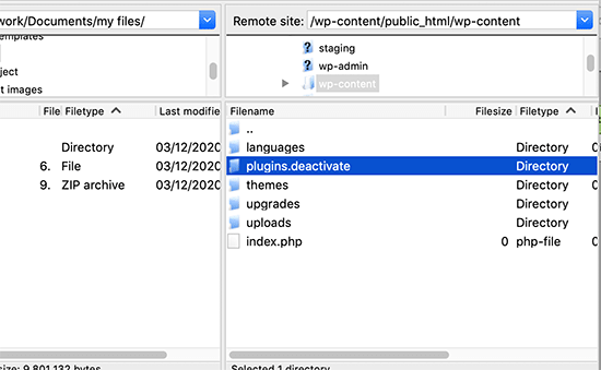 Deactivate WordPress plugins folder