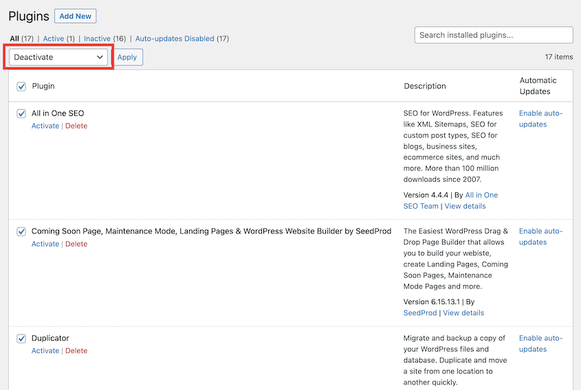 Deactivate WordPress plugins