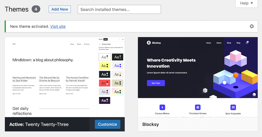Activate default WordPress theme