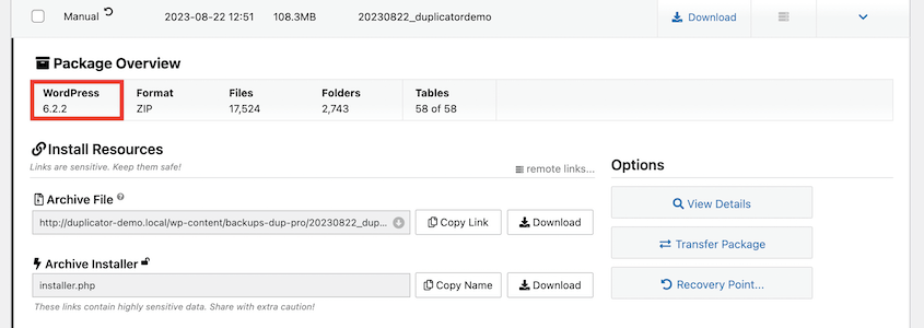 Duplicator backup WordPress version