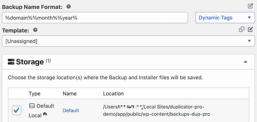 Backup name and storage location