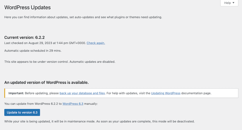 Downgraded WordPress version