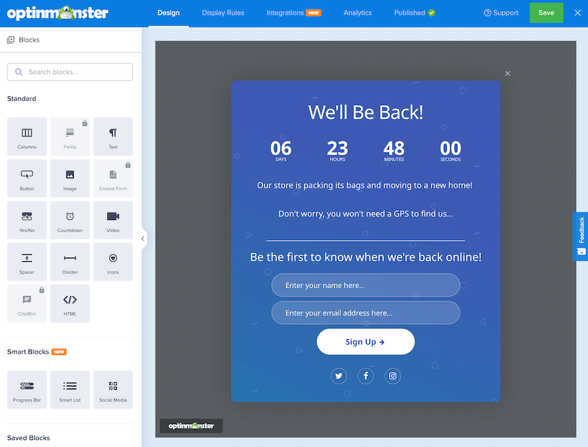 OptinMonster maintenance pop-up