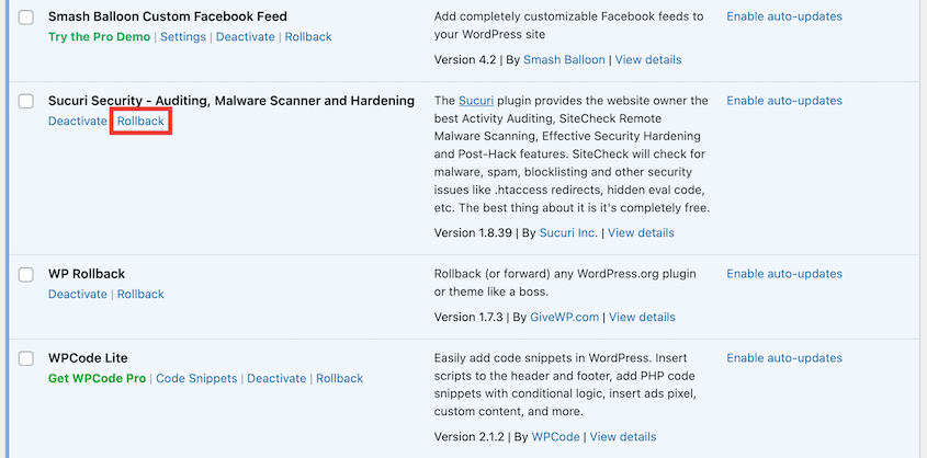 Rollback WordPress plugin