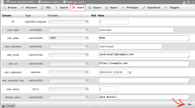 wp_users table insert fields