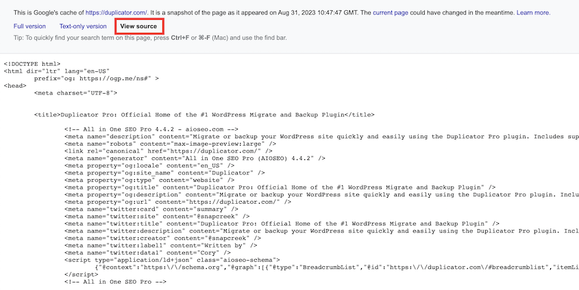 View source HTML for Google's cache