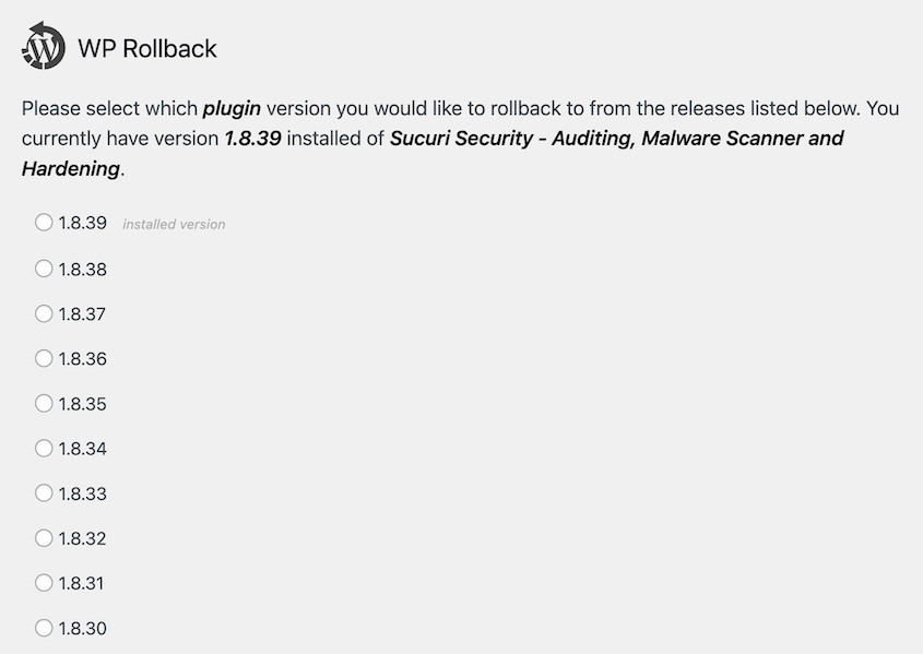 WP Rollback plugin versions
