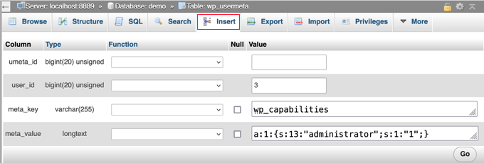 wp_usermeta table insert