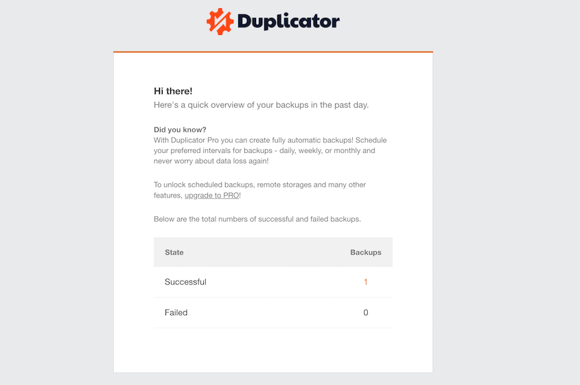 Duplicator Lite email summary
