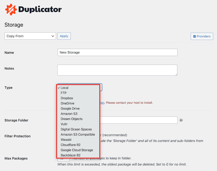 Duplicator new storage locations