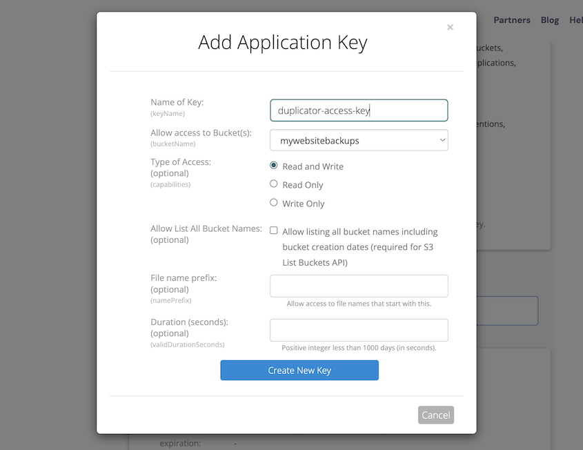 Backblaze access key