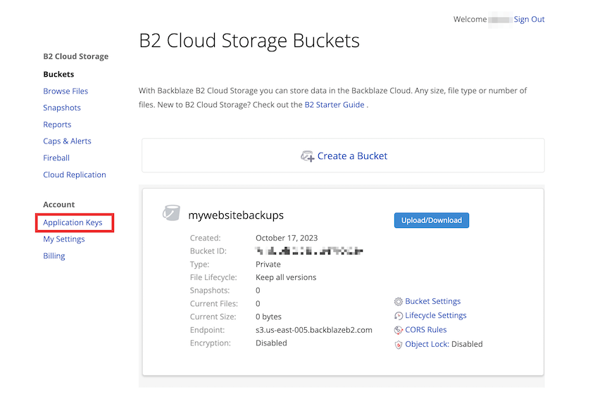 Backblaze B2 application keys