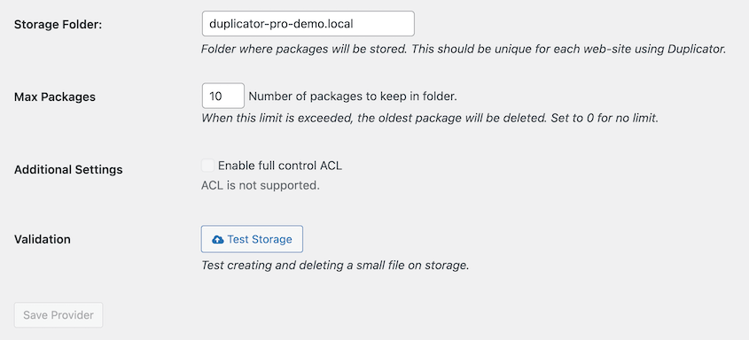 Duplicator storage settings