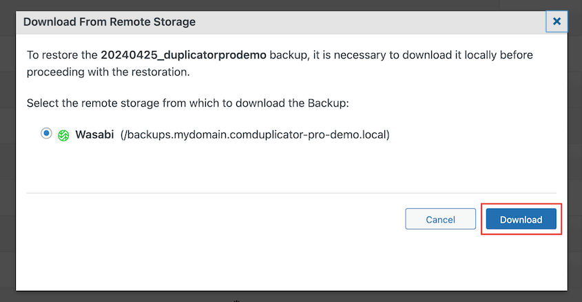 Download Wasabi backup