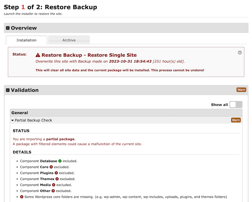Duplicator restore database backup