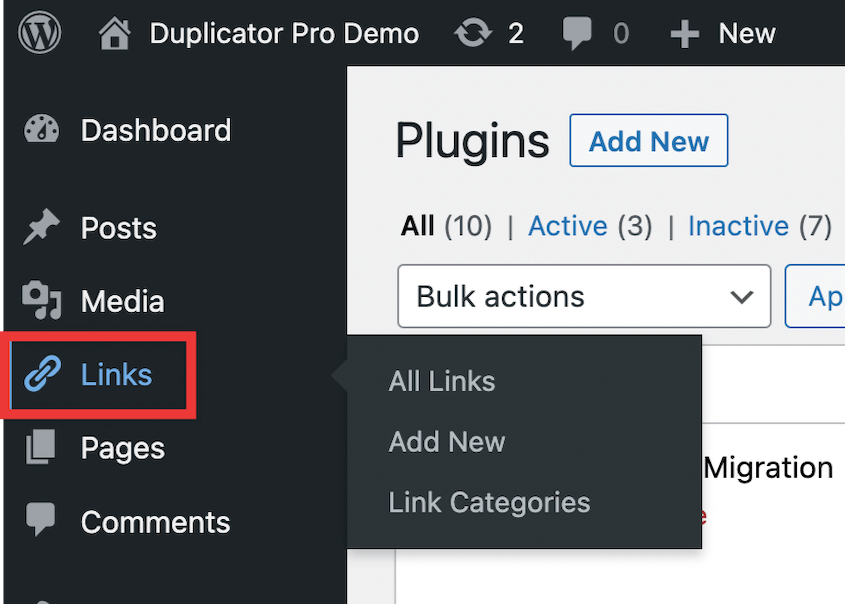 Links Manager tab