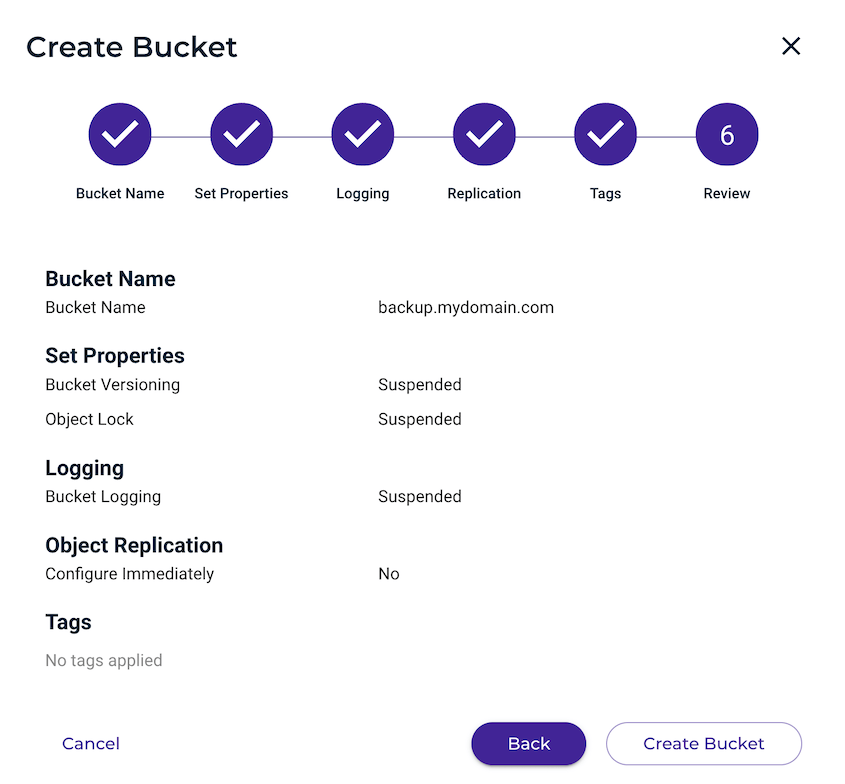 Review and create Wasabi bucket