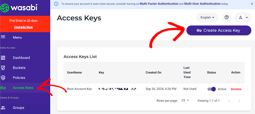 New Wasabi access key