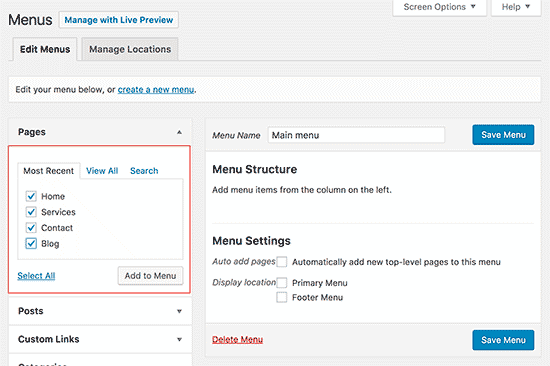 Add pages to menu