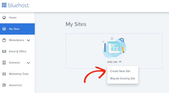 Bluehost create site