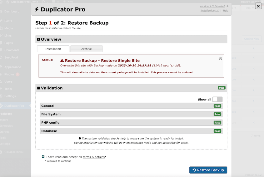 Duplicator one-click restore