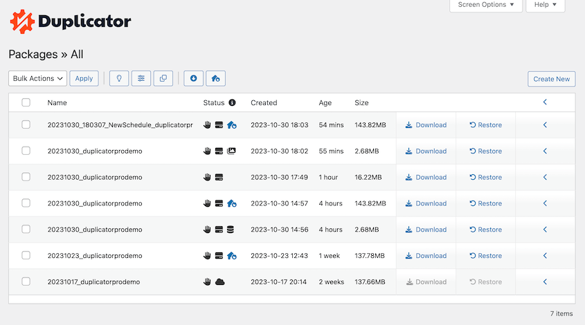 Duplicator backup log