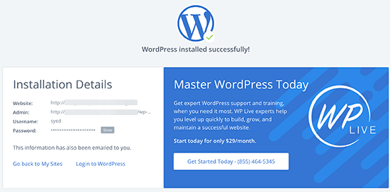 Finished WordPress installation