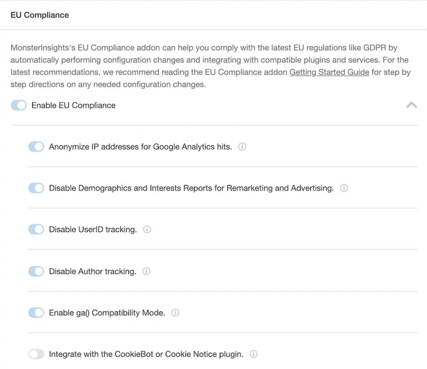 MonsterInsights GDPR compliance settings