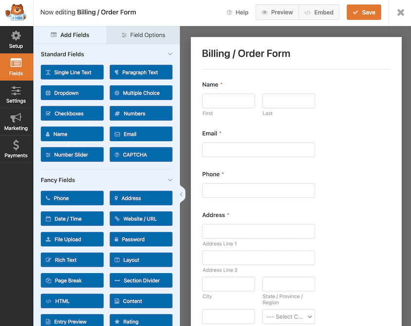 WPForms order form