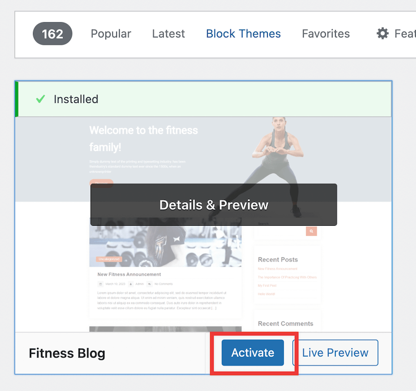 Activate new WordPress theme