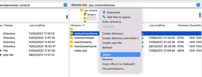 Delete WordPress theme via FTP