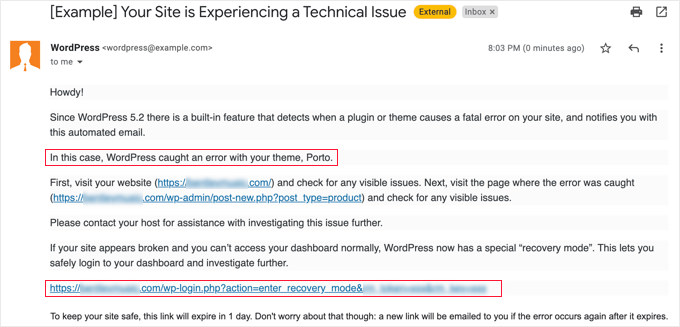 WordPress recovery mode email