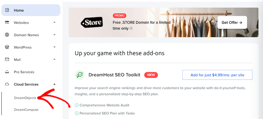 DreamHost DreamObjects tab