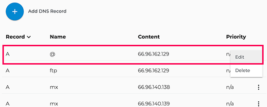 Edit DNS record