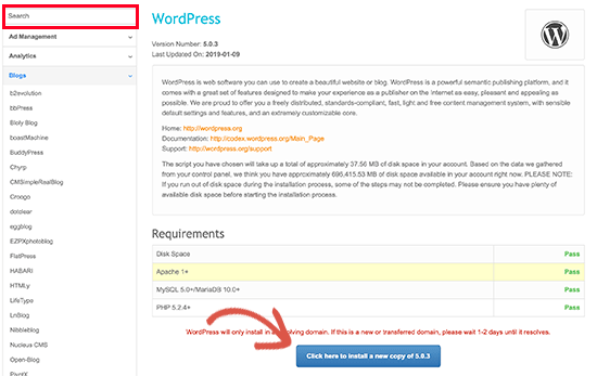Fantastico WordPress install