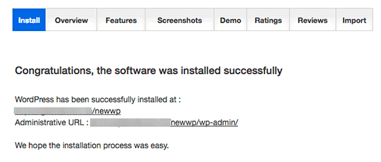 Softaculous finished WordPress installation