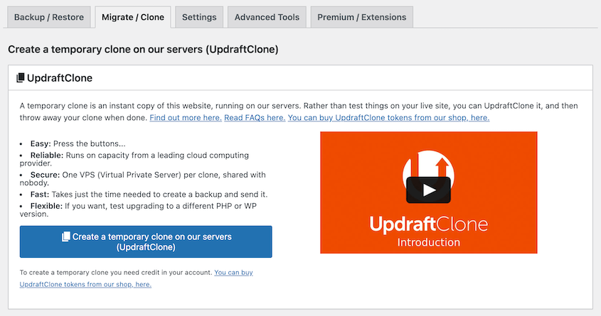 UpdraftClone staging feature